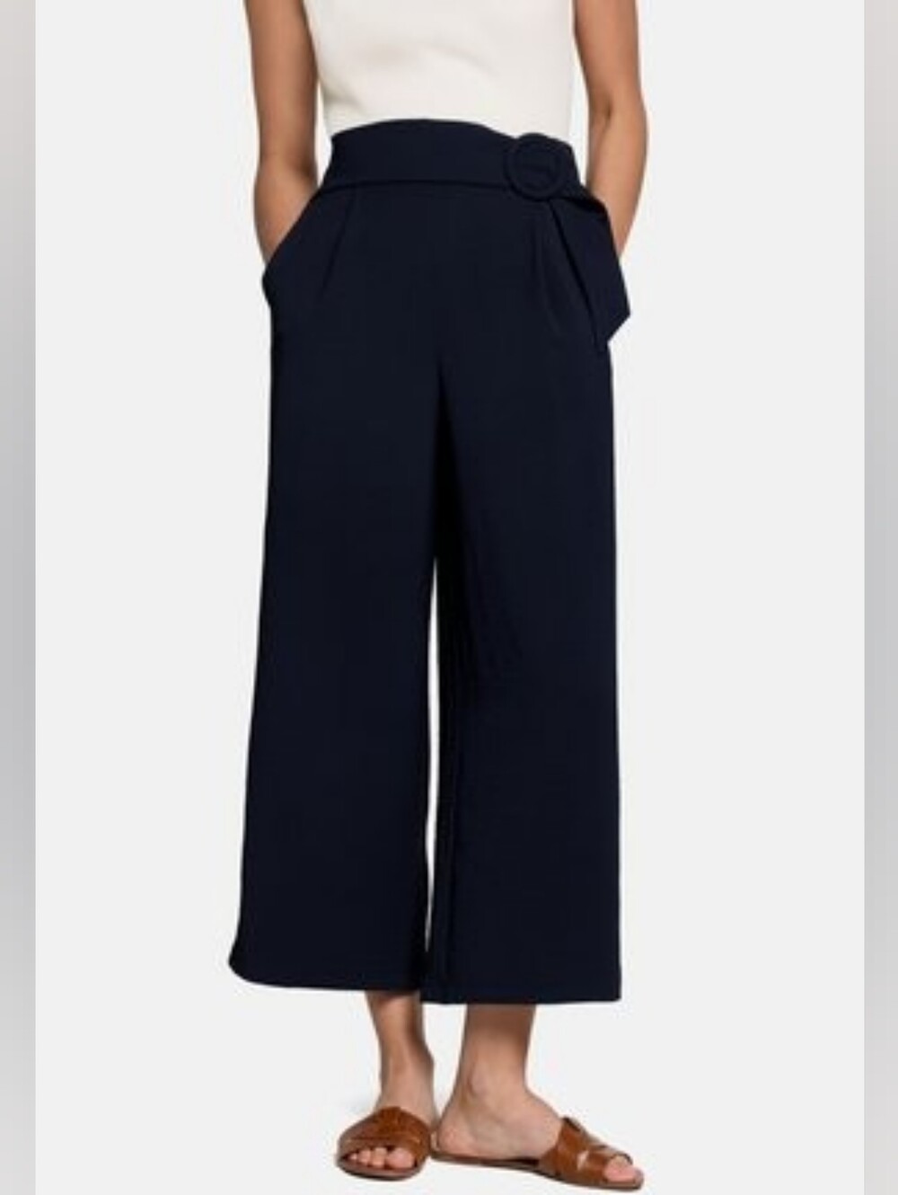 Adrianna Papell Black Tailored High-Rise Belted Capris Trousers Size S Navy